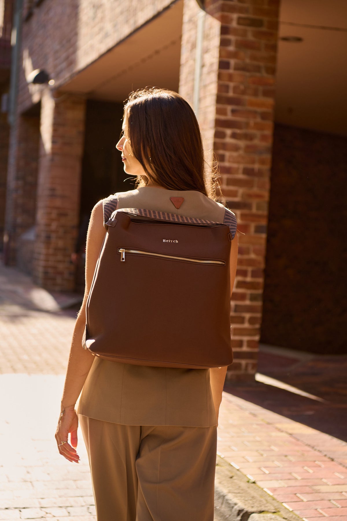 Chocolate brown convertible tote backpack bag in neoprene with gold hardware