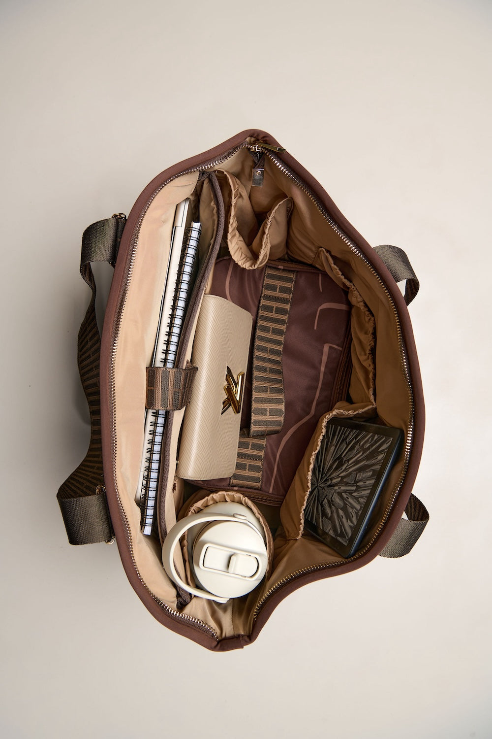 Chocolate brown carry all convertible tote backpack bag in neoprene XL with adjustable straps with laptop inside