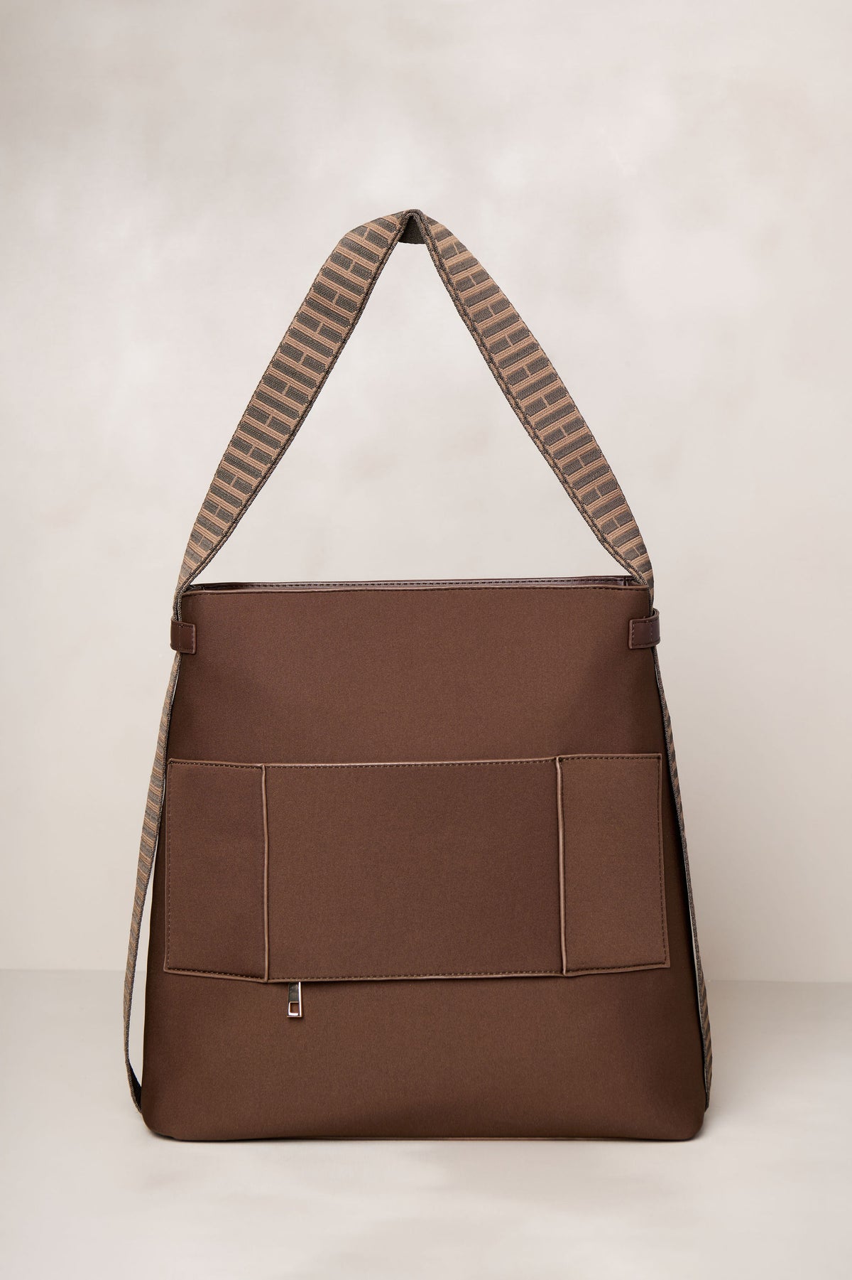 Chocolate brown convertible tote backpack bag in neoprene with gold hardware and pockets 