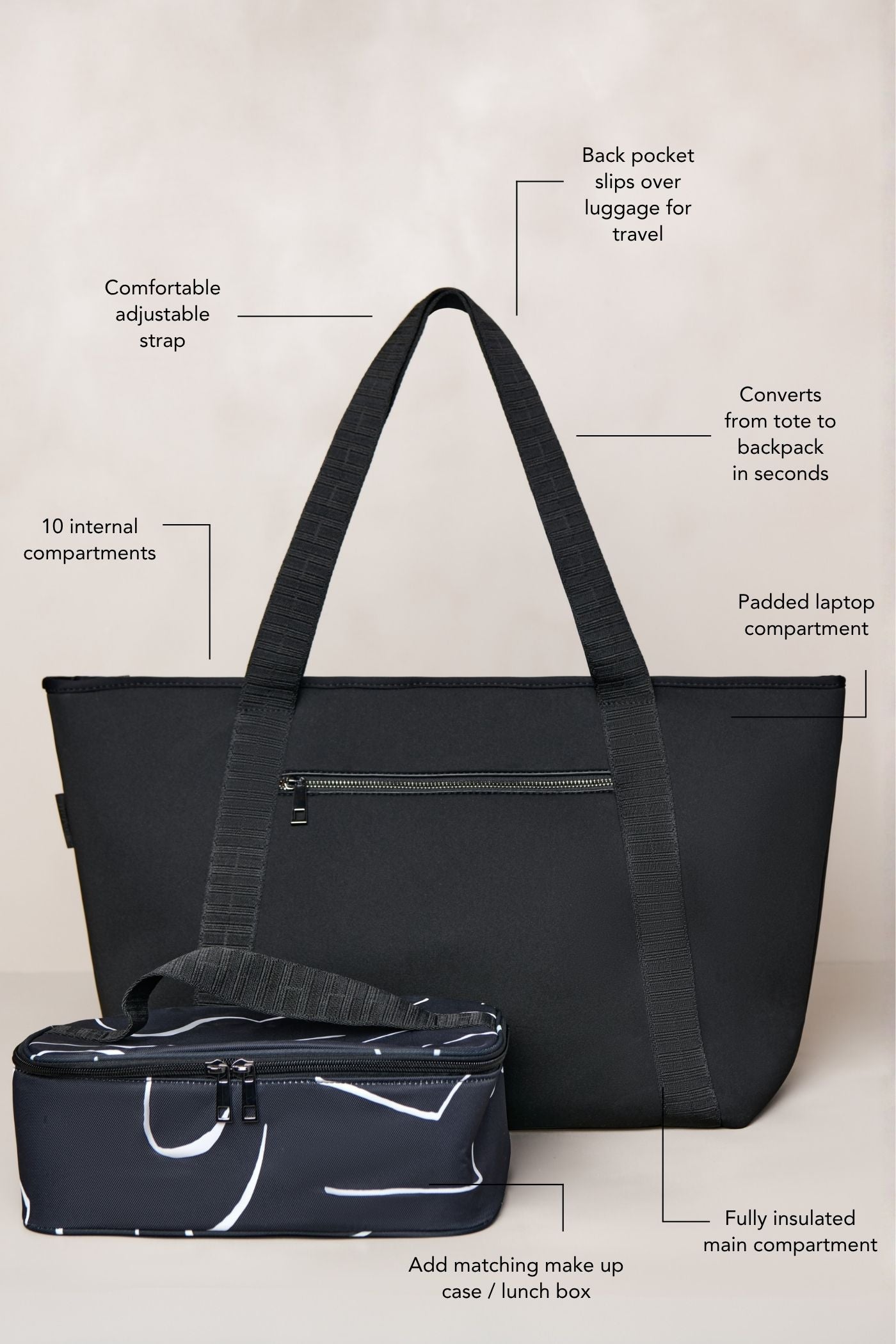 Black tote bag with features highlighted on a beige background