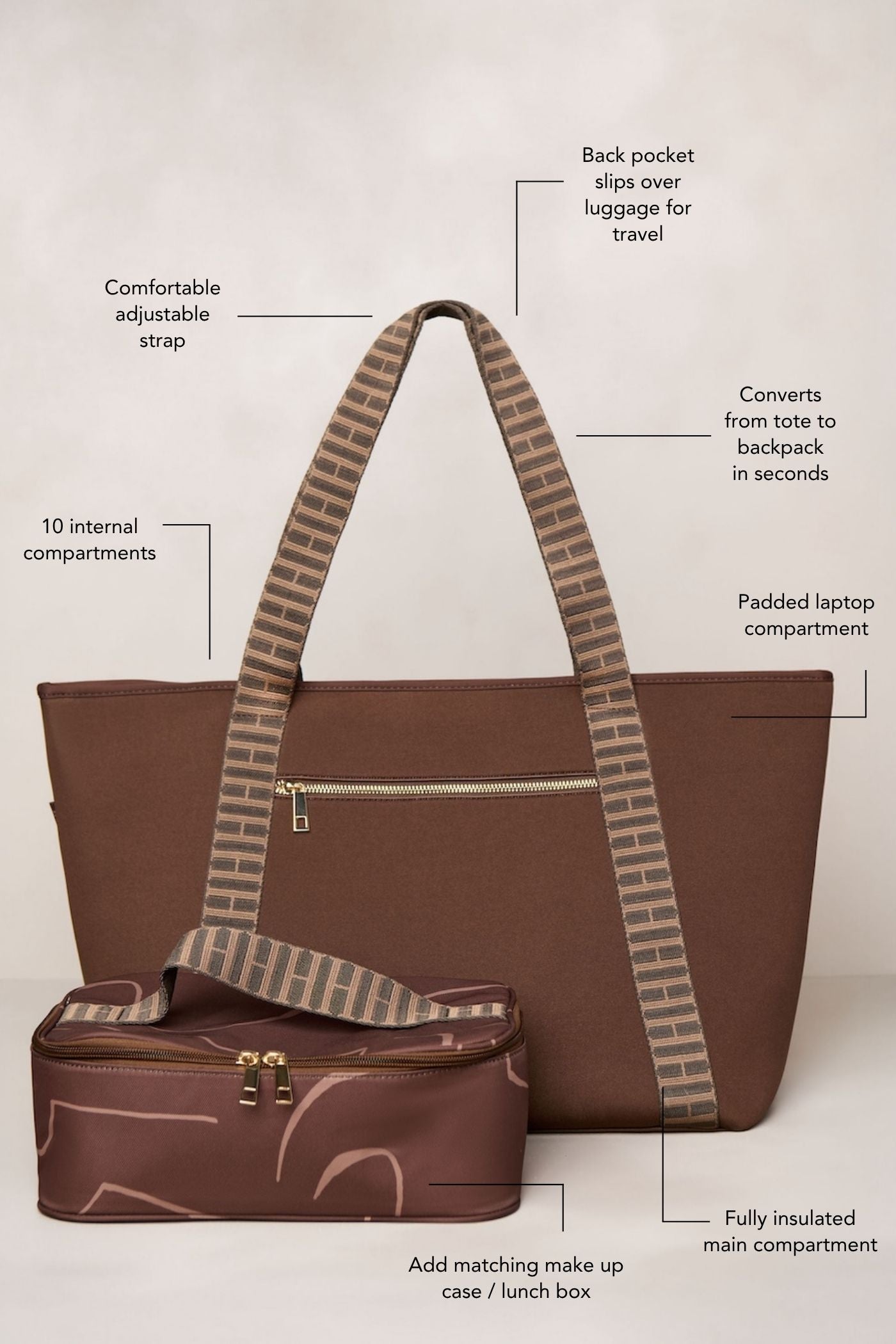 Chocolate Brown carry all convertible tote backpack bag in neoprene XL with adjustable straps