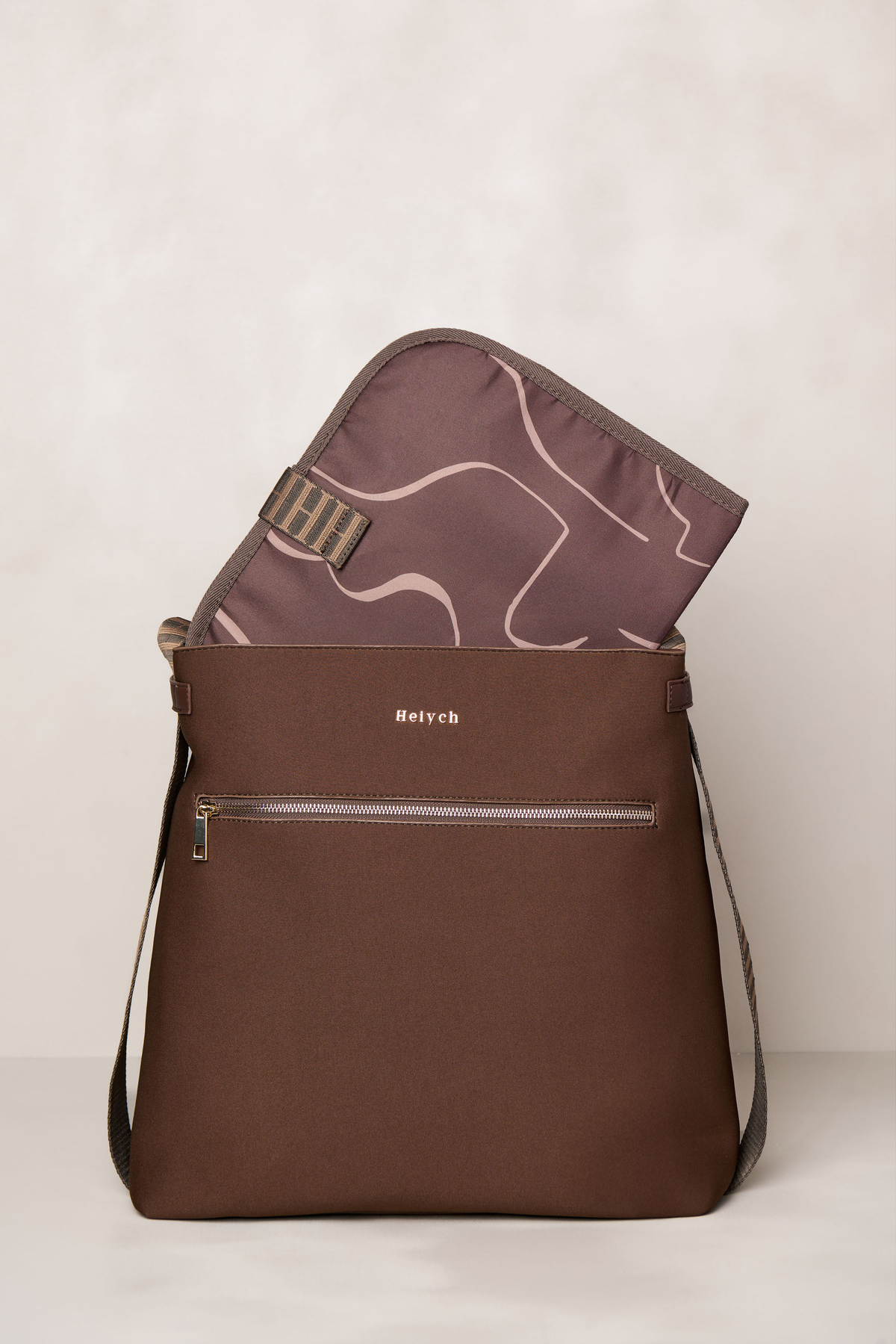 Chocolate brown convertible tote backpack bag in neoprene with gold hardware and fits 15" laptop