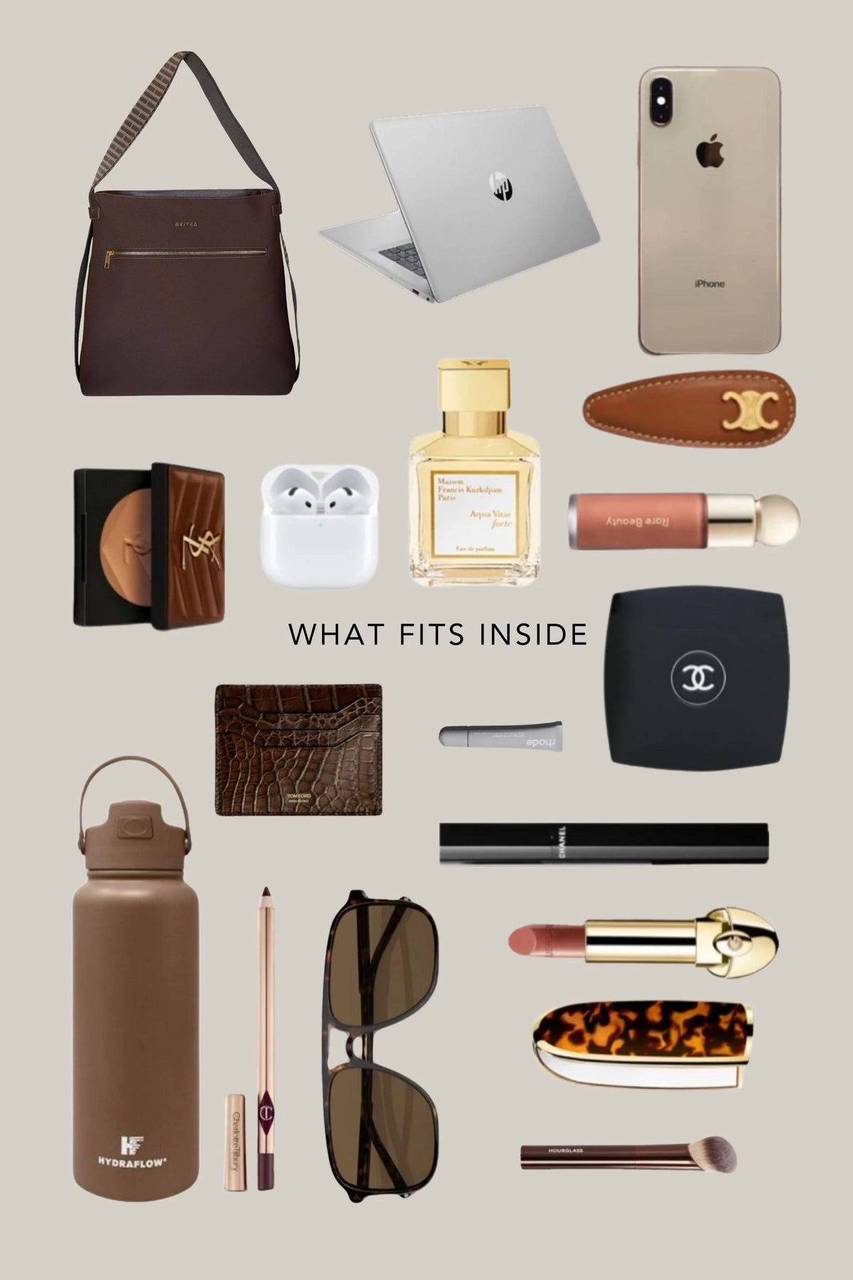 Chocolate brown bag with what fits inside