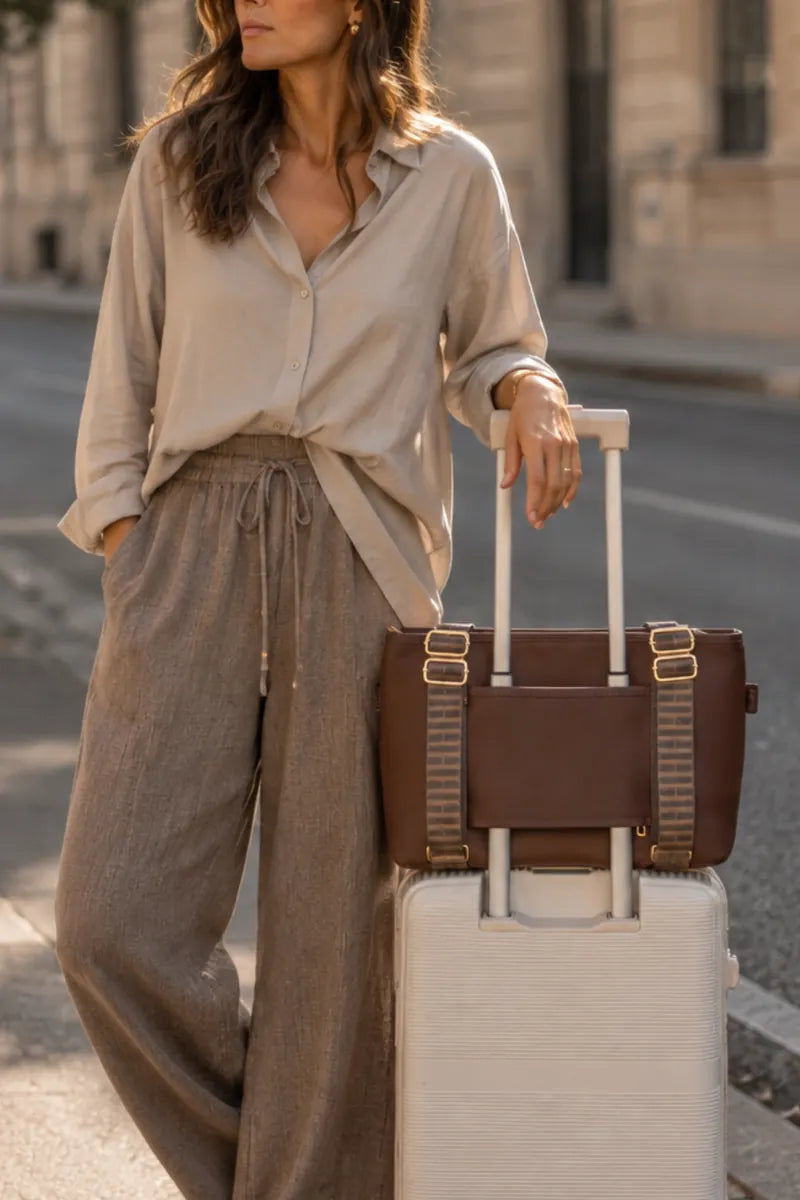 A woman stands on a city street wearing a light beige button-up shirt and wide-leg trousers, holding a brown chocolate tote bag with gold-tone hardware over a white rolling suitcase.