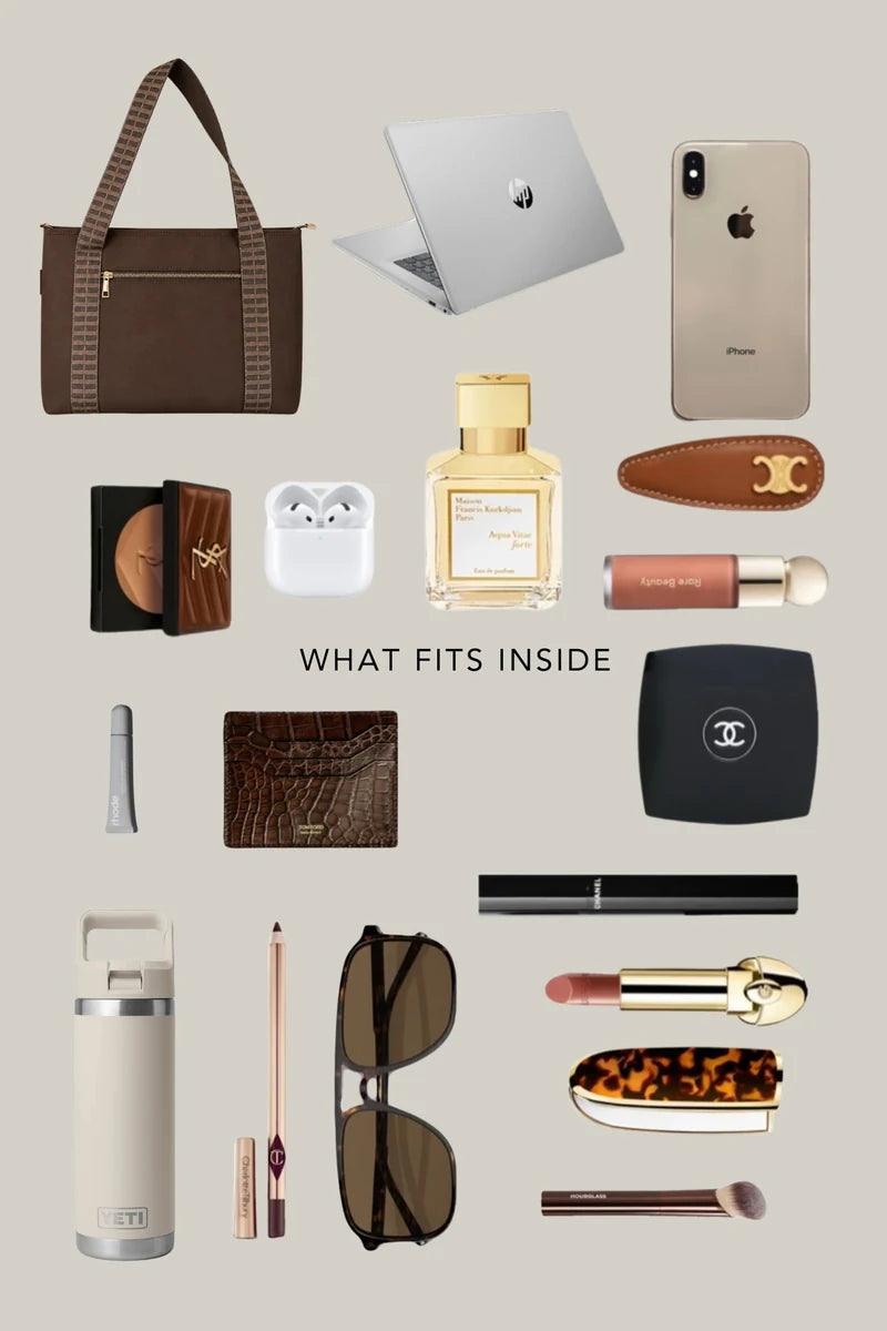 A flat-lay collage showing various luxury accessories and cosmetics inside a bag, with the text 'WHAT FITS INSIDE' in the center. Items include a chocolate brown tote bag, a silver laptop, a gold iPhone, a perfume bottle, a leather wallet, earbuds, sunglasses, a thermos, and makeup items, arranged on a light beige background.