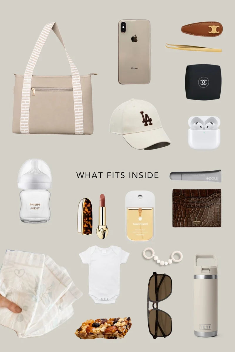 A flat-lay collage showing a curated baby and mom essentials set with the text 'WHAT FITS INSIDE' in the center. Items include a taupe tote bag with white striped handles, a gold iPhone, a brown leather hair clip with a double-C logo, tweezers, a Chanel face mask. 