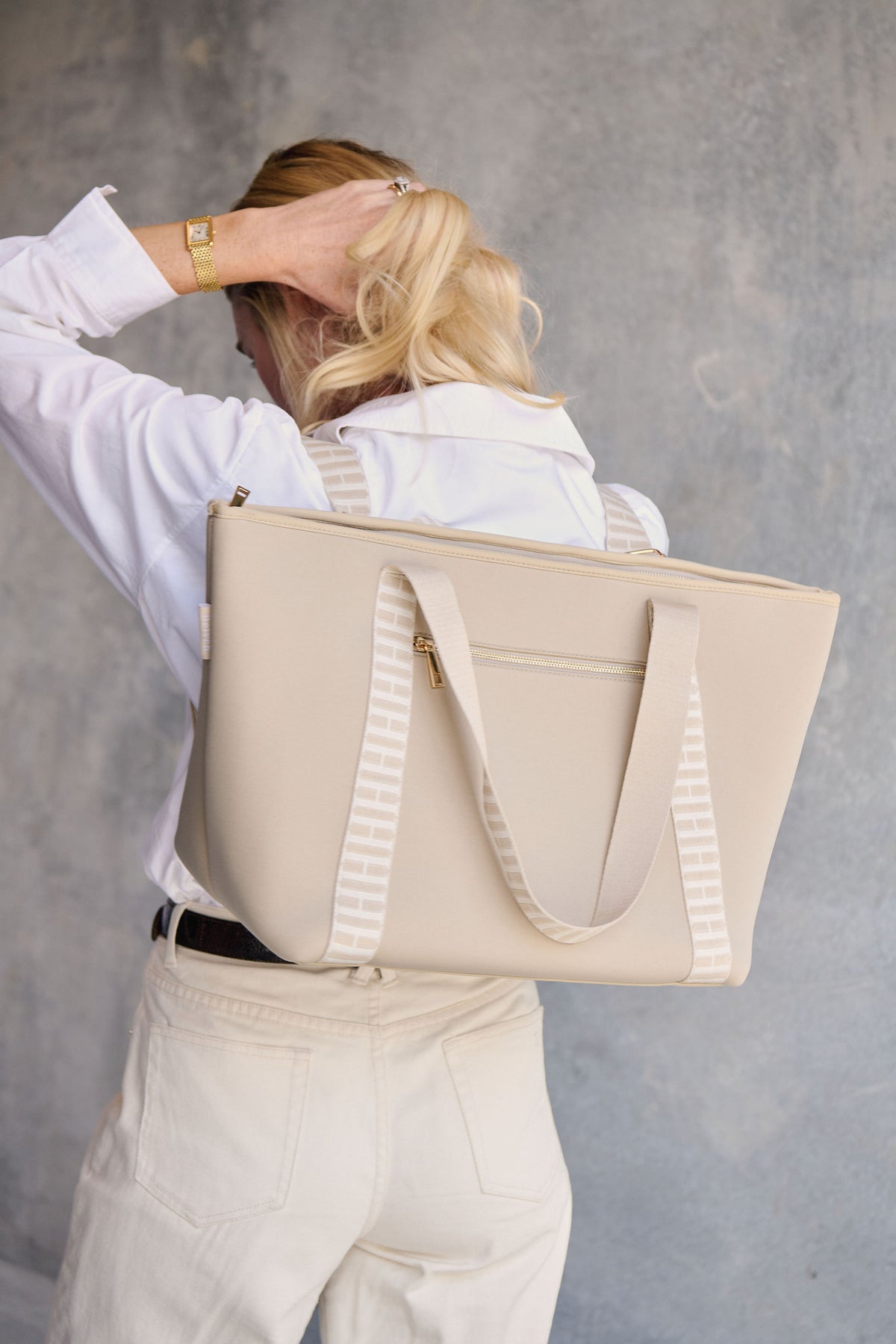 Taupe cream carry all convertible tote backpack bag in neoprene XL with adjustable straps
